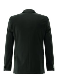 Dunkelgrüner Blazer mit glatter Textur, eingekerbten Revers und langen Ärmeln. Verfügt über einen geschlitzten Rücken und geknöpfte Manschetten für zusätzliche Details.