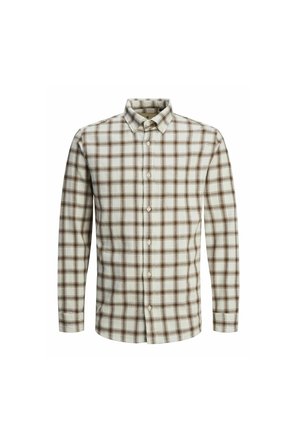 Button-up shirt with a brown and cream plaid pattern, long sleeves, and a pointed collar. Soft fabric with a textured finish.