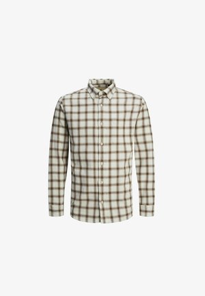 Cămașă cu nasturi, cu un model în carouri în nuanțe de maron și crem, cu mâneci lungi și guler ascuțit. Material moale cu un finisaj texturat.