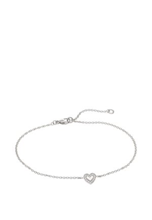 Zartes silbernes Gliederarmband mit kleinem herzförmigem Anhänger, verziert mit klaren Kristallen, und Karabinerverschluss.