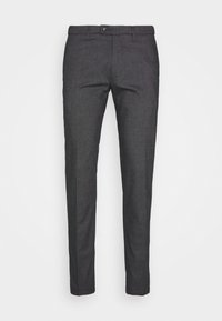 Pantaloni grigi scuri realizzati in un tessuto testurizzato. Vestibilità slim con frontale piatto, dotati di chiusura a bottone singolo e passanti per cintura.