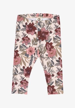 Bloemenleggingen van zacht stof, met een lichtroze achtergrond en donkere rode en roze bloemen en groene bladeren. Elastische tailleband, enkel lengte.