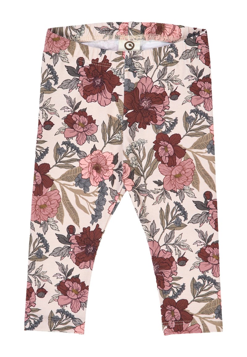 Legginsy w kwiaty wykonane z miękkiego materiału, z jasnoróżowym tłem, ciemnoczerwonymi i różowymi kwiatami oraz zielonymi liśćmi. Elastyczny pas, długość do kostek.