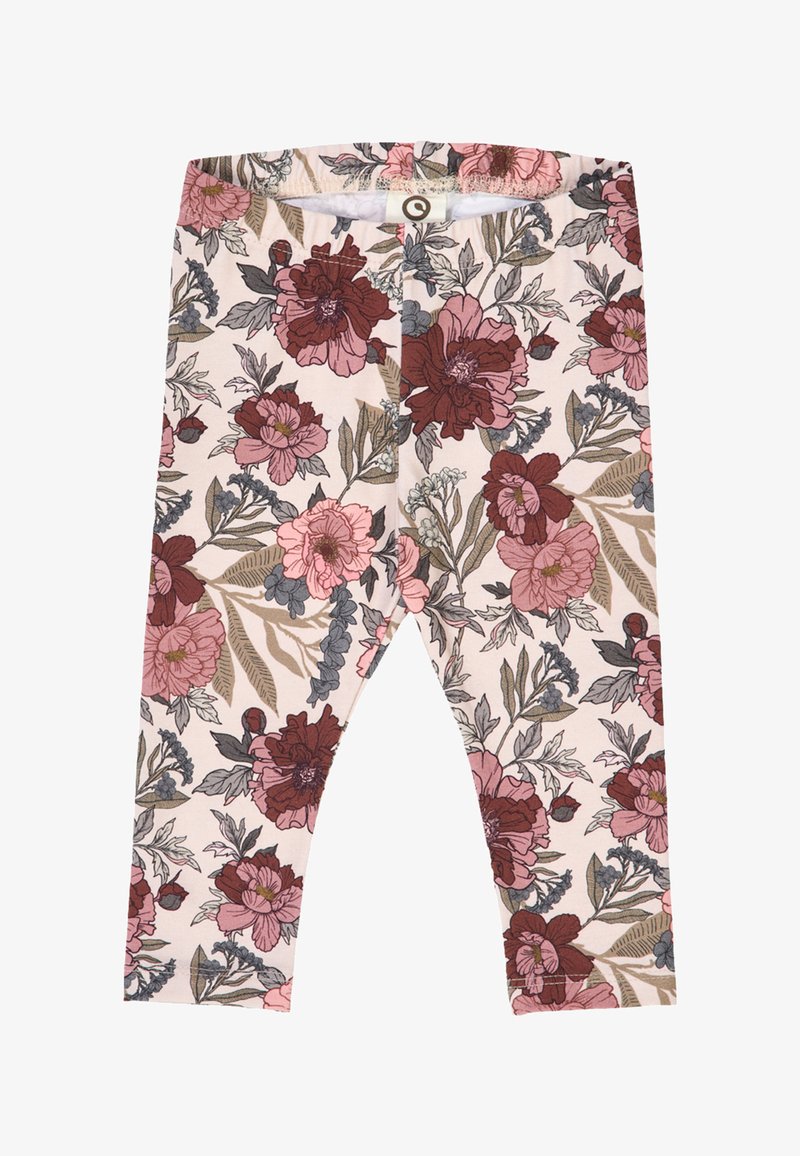 Kukka-aiheiset legginsit, jotka on valmistettu pehmeästä kankaasta. Niissä on vaaleanpunainen tausta, jossa on tummanpunaisia ja vaaleanpunaisia kukkia sekä vihreitä lehtiä. Säädettävä vyötärö ja nilkkapituus.