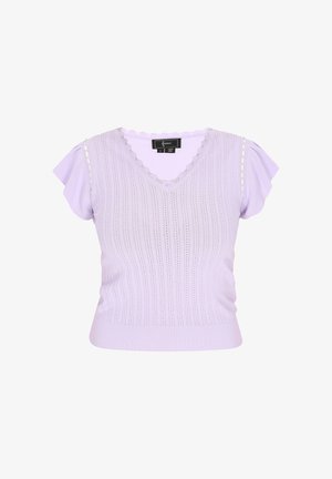 Lilla, lühikeste varrukatega sviiter V-kaelusega, millel on vertikaalsed sooned ja lainelised servad. Dekoratiivsed aktsendid õlgadel.