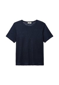T-shirt à manches courtes bleu marine en tissu doux et texturé. Présente un col rond et une coupe décontractée. Pas de logos ni de motifs visibles.