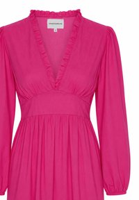 Robe rose vif à manches longues avec encolure en V, bordure à volants, taille froncée et épaules bouffantes par AMERICANDREAMS en taille small.