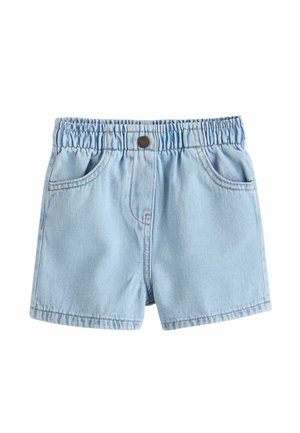Pantaloni scurți din blugi bleu deschis, cu talie elastică, buzunare frontale și închidere cu nasture metalic.