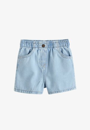 Lichtblauwe denim shorts met elastische tailleband, voorzakken en een metalen knoopsluiting.