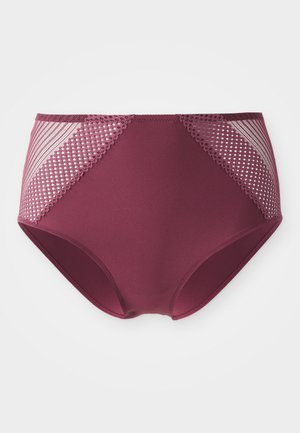 Bordeaux hoge taille ondergoed met een gladde stof en kantachtige mesh panelen aan de zijkanten, met stippen op de mesh textuur.