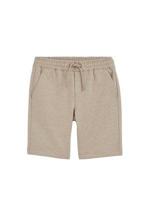 Béžové voľné bavlnené šortky s elastickým pásom, predným sťahovacím šnúrkou a bočnými vreckami, rozložené na bielom pozadí.