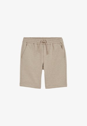 Pantaloncini casual di cotone beige con vita elastica, coulisse frontale e tasche laterali, distesi su uno sfondo bianco.