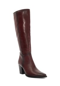 Burgundy leather knee-high boot with a pointed toe and block heel, featuring a sleek design and smooth texture.