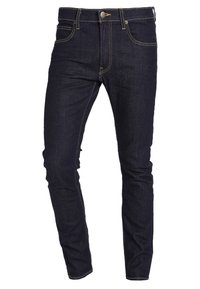 Ciemnoniebieskie dżinsy o wąskim kroju, z klasycznym wzorem pięciu kieszeni, kontrastującym żółtym przeszyciem i zapięciem na guziki.