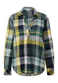 Camicia a maniche lunghe a scacchi in verde, blu navy, giallo e bianco. Presenta un colletto, una patta con bottoni e una morbida consistenza del tessuto.