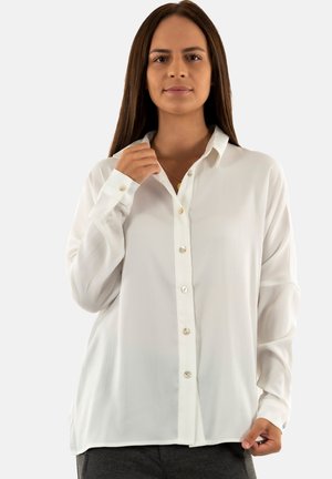 Camisa blanca de botones fabricada con un tejido ligero, que cuenta con un cuello clásico, mangas largas y botones perla en la parte delantera.