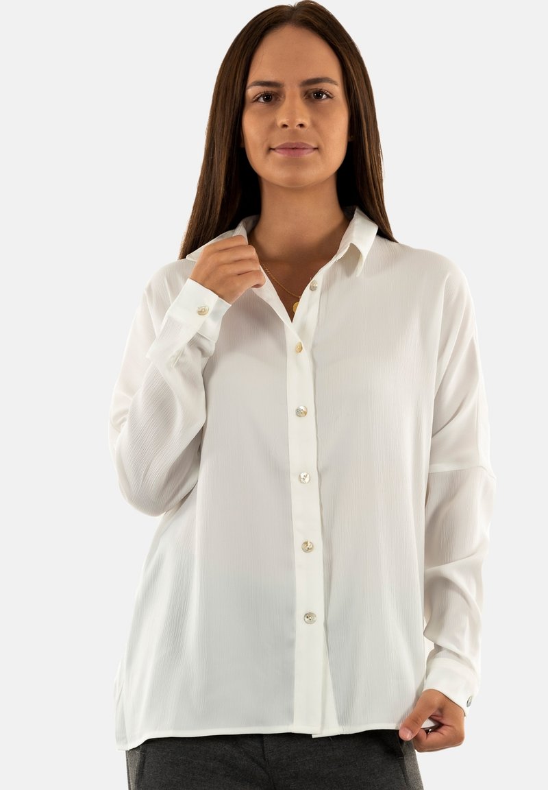 Camisa blanca de botones fabricada con un tejido ligero, que cuenta con un cuello clásico, mangas largas y botones perla en la parte delantera.