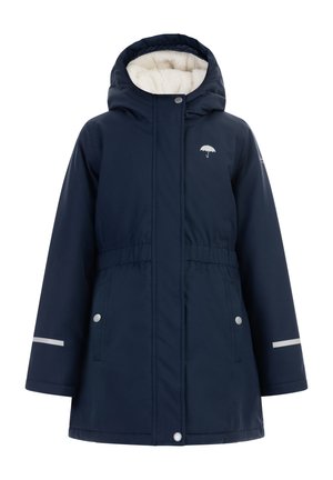 Manteau d'hiver bleu marine à capuche avec doublure en polaire blanche, boutons-pression à l'avant, poches latérales, bandes réfléchissantes sur les manches et logo parapluie sur la poitrine.