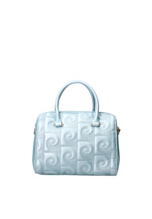 Sac à main bleu clair avec un motif en spirale texturé, de forme rectangulaire, à double poignées, et avec des accents en métal doré.