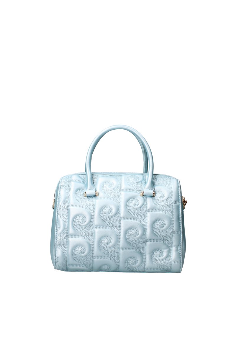 Borsa a mano azzurro chiaro con un motivo a vortice testurizzato, forma rettangolare, doppio manico e dettagli in metallo dorato.