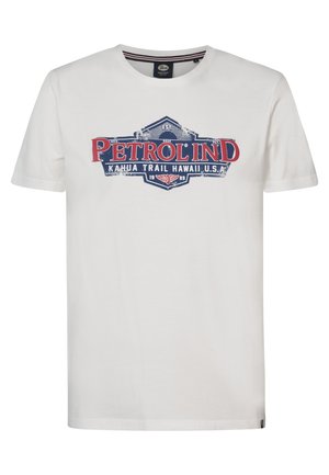 White cotton t-shirt featuring a graphic print in red and blue, displaying the text "Petrolind Kahua Trail Hawaii U.S.A." and a vintage design.