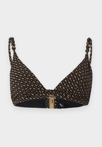 Čierno-béžový leopardí vrchný diel bikín s prekríženými ramienkami a zlatým predným zapínaním na bielom pozadí.