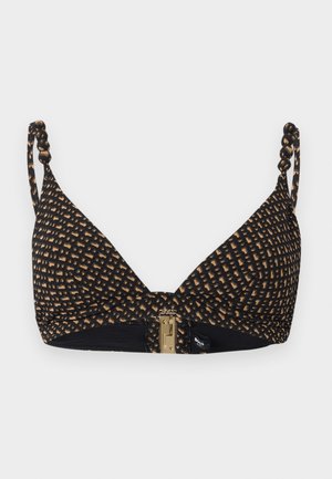 Zwart-beige bikini top met luipaardprint, gedraaide bandjes en goudkleurige sluiting aan de voorkant op een witte achtergrond.