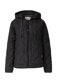 Giacca a vento nera con cappuccio, caratterizzata da un motivo trapuntato, zip frontale e cappucci regolabili. Tessuto testurizzato con due tasche laterali.