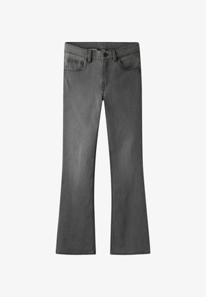 Gray flared jeans made from denim with five pockets, a button closure, and subtle fading. Features a classic design with neatly stitched seams.