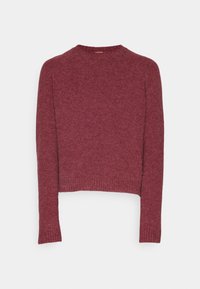 Pull en tricot à manches longues et col rond de couleur bordeaux, avec poignets et ourlet côtelés, présenté à plat sur un fond blanc.