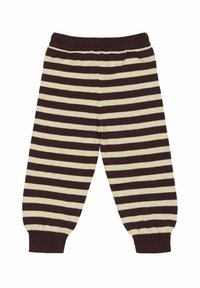 Gestreifte Baumwollhosen in Dunkelbraun und Creme. Elastischer Bund und schmale Bündchen. Weiche Textur, leichtes Design, geeignet für Freizeitkleidung.
