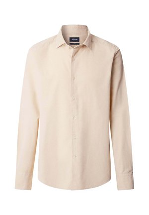 Beige overhemd met lange mouwen van katoen, met een knoopsluiting aan de voorkant, een klassieke kraag en manchetten met één knoop, met een gladde textuur.