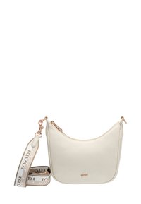 Borsa a spalla in pelle bianca con finiture in rosé, design curvo e tracolla removibile caratterizzata da un motivo logo ripetuto.