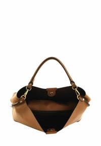 Sac à main en cuir marron avec une finition texturée, sans fermeture sur le dessus, deux poignées, et un intérieur noir comprenant une poche zippée et des finitions dorées.