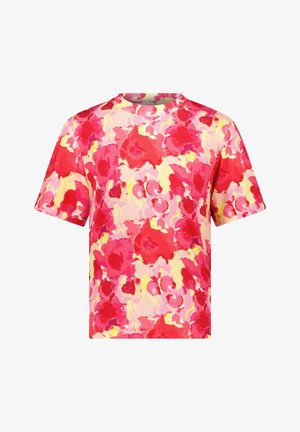 T-shirt met korte mouwen en een bloemenpatroon in tinten roze en geel. Gemaakt van lichtgewicht stof, met een ronde halslijn en een ontspannen pasvorm.