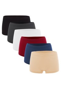 Six pairs of women’s boyshorts in black, grey, white, burgundy, navy, and beige, all featuring a smooth, elastic waistband and seamless design.