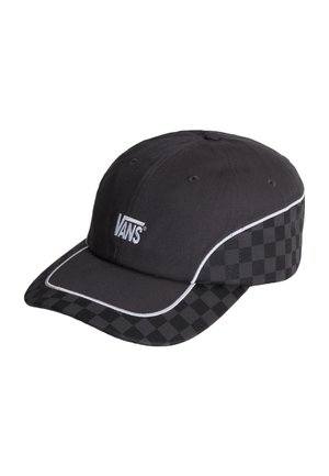 Sort Vans baseballkasket med skakternet mønster på skyggen og siderne, hvide kanter og Vans-logo broderet på frontpanelet.
