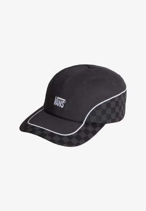 Czarna czapka baseballowa Vans z wzorem szachownicy na daszku i bokach, białą lamówką oraz haftowanym logo Vans na przednim panelu.