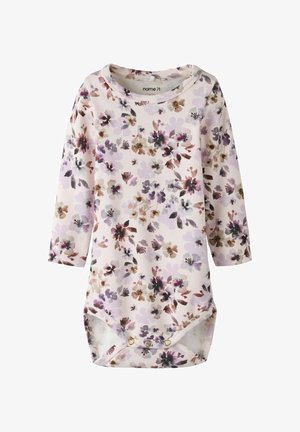 Babybody met lange mouwen in een paars, bruin en roze bloemmotief, drukknoopsluiting aan de onderkant, ronde halslijn.