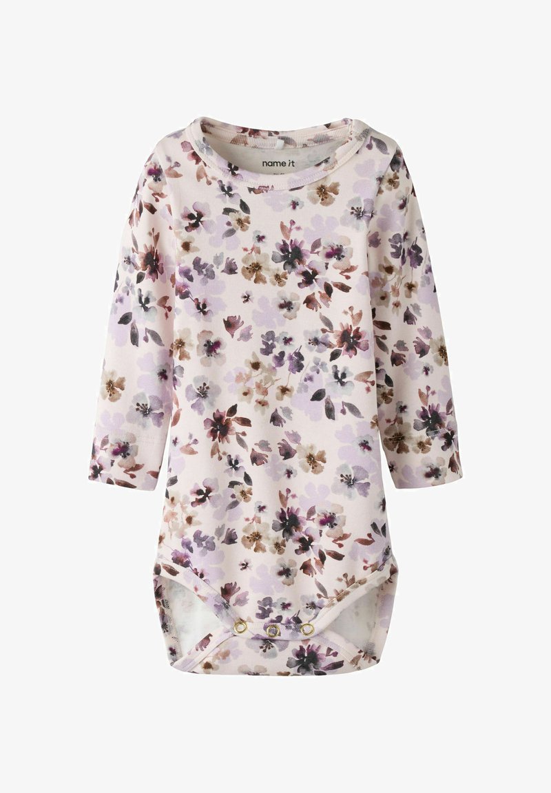 Body bébé à manches longues avec motif floral violet, brun et rose, fermetures à pressions au bas, encolure ronde.