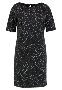 Černé šaty s bílými puntíky, krátké rukávy, kulatý výstřih a detaily v oblasti zad ve tvaru klíčové dírky. Hladká látka se vypasovaným střihem.