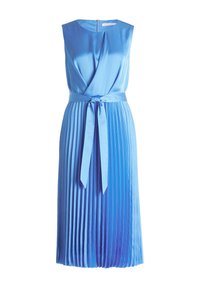 Satin-blaues Kleid mit tailliertem Oberteil, plissiertem Rock und einem gebundenen Taillengürtel. Mit Rundhalsausschnitt und verdecktem Reißverschluss auf der Rückseite.