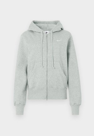 Világosszürke Nike zipzáras kapucnis pulóver, elülső zsebekkel, húzózsinórral, bordázott mandzsettákkal, és fehér Nike swoosh logóval a mellkason.