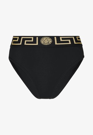 Parte de baixo de biquíni preta com um padrão de chave grega dourada e logótipo da Medusa na cintura. Feita de um tecido elástico com textura suave.