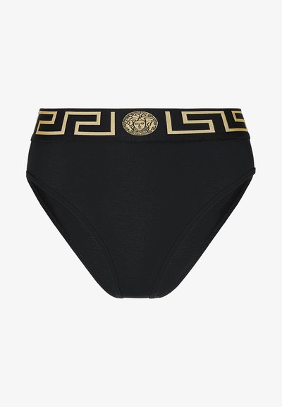 Melna bikini apakša ar zelta Grieķijas atslēgu rakstu un Medūzas logotipu uz vidukļa. Izgatavota no elastīgas auduma ar gludu tekstūru.