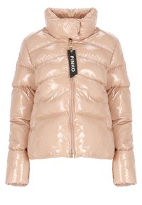 Giacca puffa in materiale rosa chiaro lucido con colletto alto, zip frontale e polsini elasticizzati. Etichetta attaccata che mostra il nome del marchio.