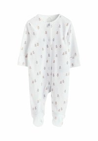 Salopetă albă pentru bebeluși, din material moale, cu un model repetitiv de ursuleți îmbrăcați în haine colorate și accente delicate de albastru.
