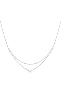 Silberne Doppelketten-Halskette mit drei kleinen, klaren Kristallakzenten, die gleichmäßig entlang der Stränge verteilt sind. Feines, zartes Design.