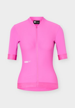 Kirkkaan vaaleanpunainen, lyhythihainen pyöräilypaita, jossa on etuvetoketju, pieni logo rinnassa ja "sportful"-brändäys hihoissa ja helmassa.