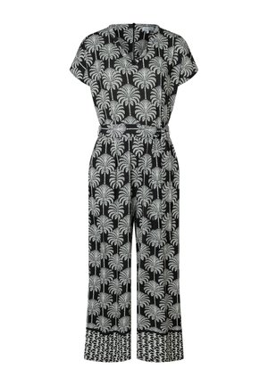 Schwarzer Jumpsuit mit weißem Palmenmuster, kurzen Ärmeln, V-Ausschnitt, weiten Beinen und passendem Gürtel in der Taille.